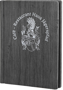 Speisekarte, Klemmbinder Ahorn Schwarz-Grau A4 mit Logo Jägerspfad Speisekarte, Klemmbinder Ahorn Schwarz-Grau A4 Logo Hellgrau Jägerspfad